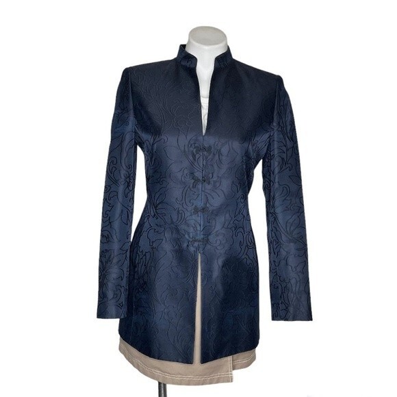 DANA BUCHMAN Blue Jacket Asian Inspired Embossed Abstract Silk Wool Size 2 - Picture 1 of 10